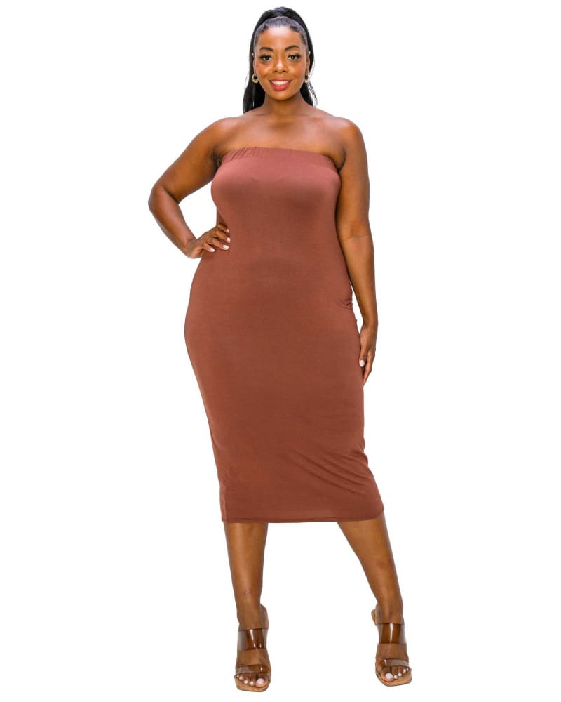 Front of a model wearing a size 1X Willow Tube Dress in Toffee by L I V D. | dia_product_style_image_id:363790